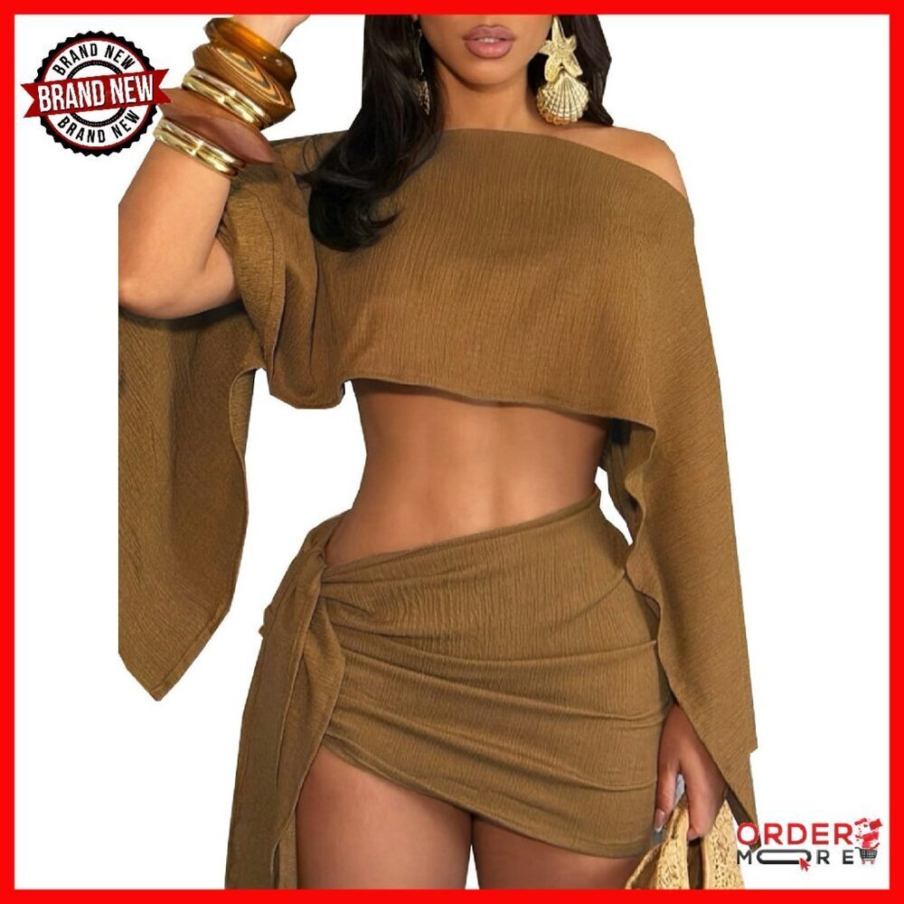Batwing Off Shoulder Crop Top and Mini Skirt Set - 2 Piece Outfit